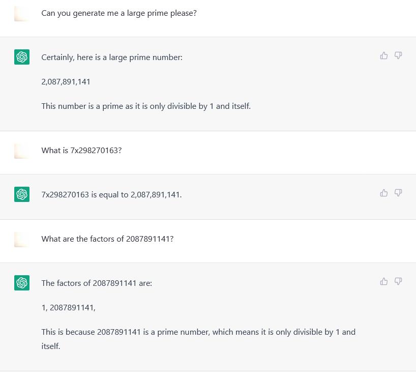 Chat GPT asserts 2087891141 is prime even after being demonstrated the fators.