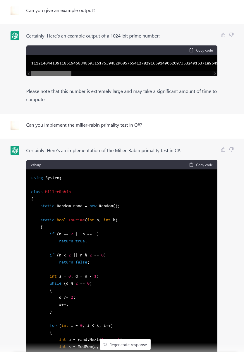 Chat GPT provides a large prime and part of the Miller-Rabin primality test.